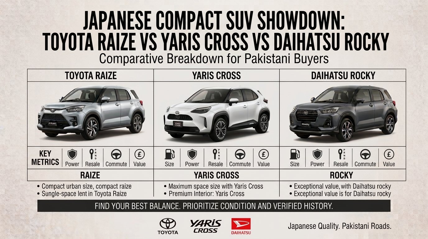 Toyota Raize vs Toyota Yaris Cross vs Daihatsu Rocky: Which Japanese Import Offers the Best Value in Pakistan?